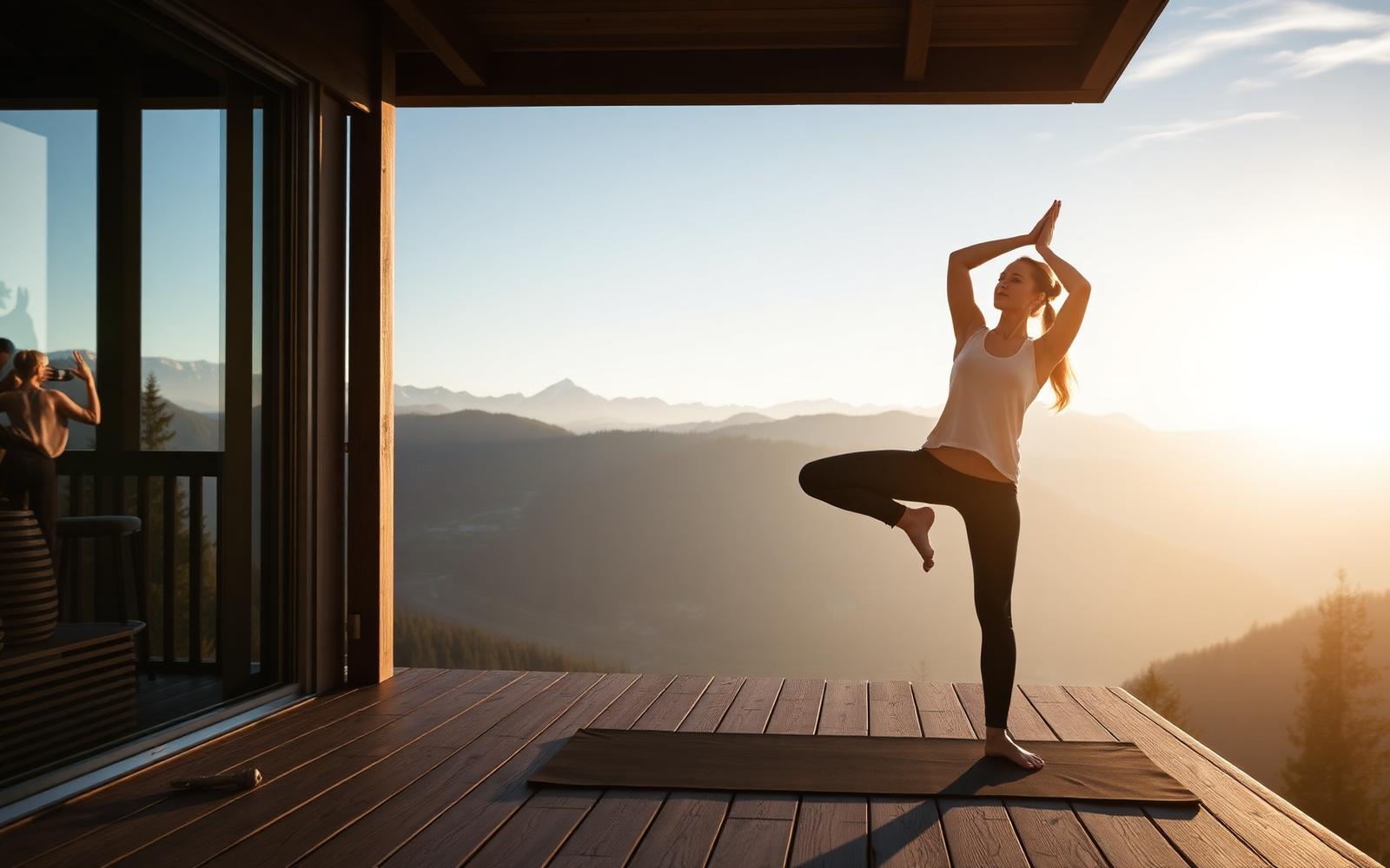 Yoga in den Alpen bei Sonnenaufgang